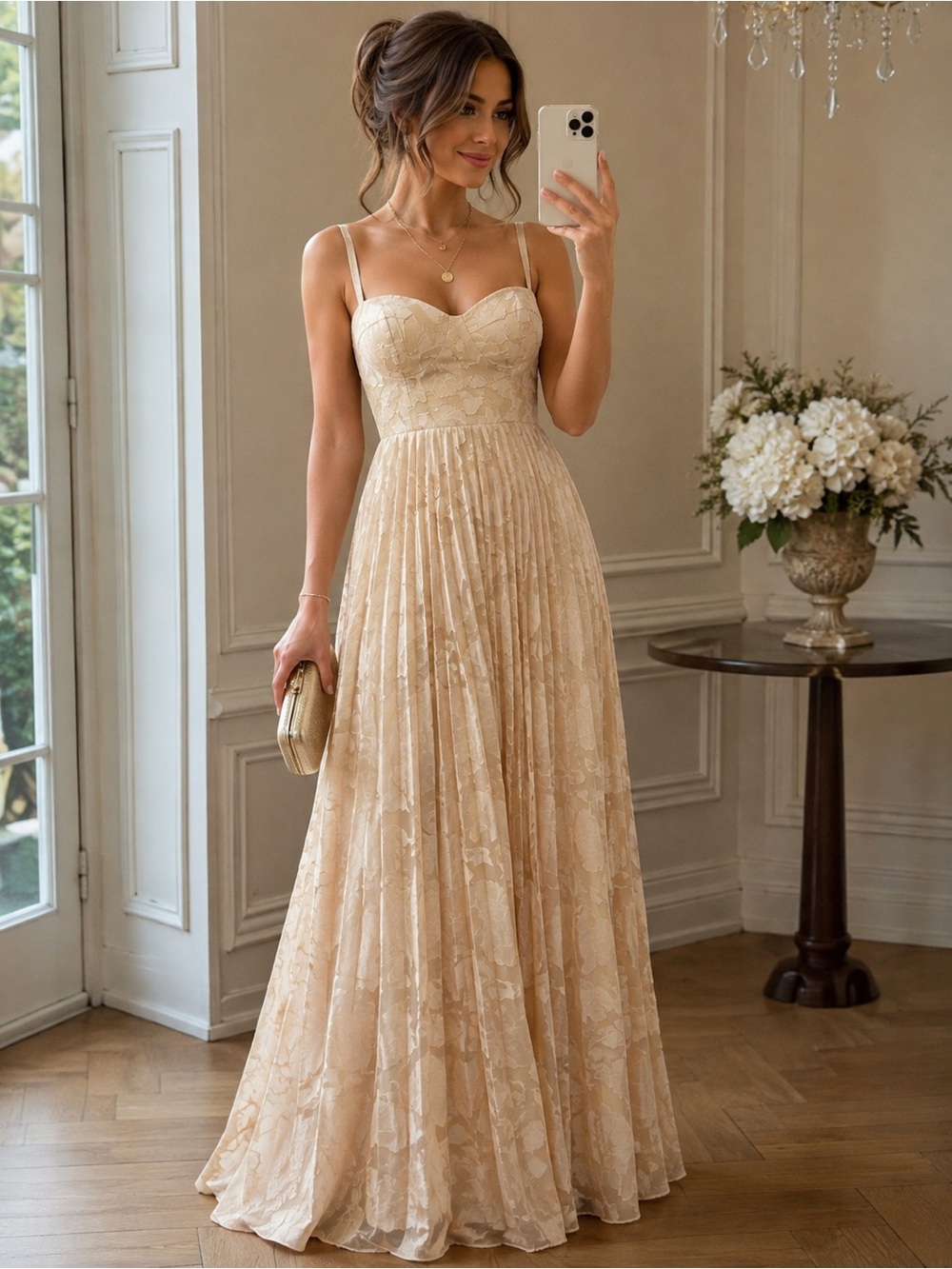 Formal Dress Size 14 Champagne Floral Pleated Maxi Gown NWT Elegant Prom